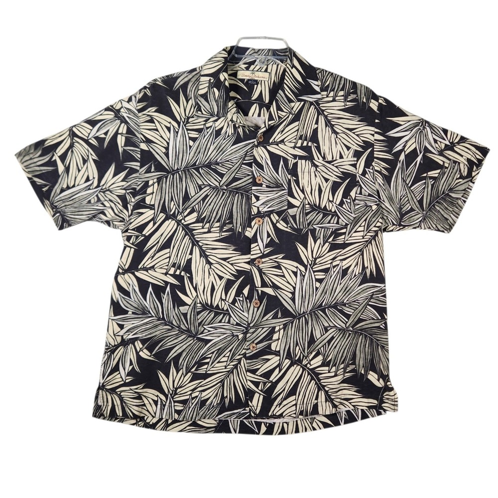 Tommy Bahama Men's M 100% Silk Hawaiian Shirt Black Cream Tropical Leaf Print